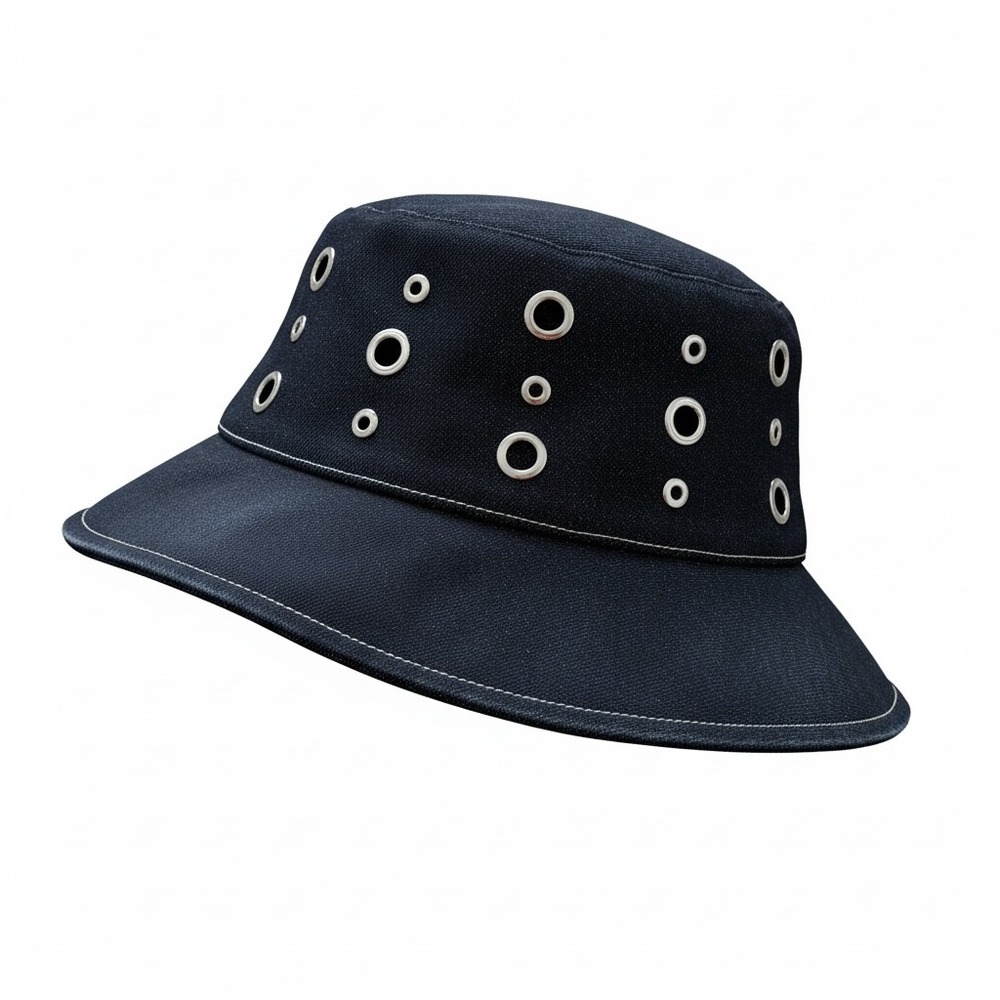 Apparis Slick Raw Denim Bucket Hat Indigo Blue Silver Grommet S5HA231IND NWT OS